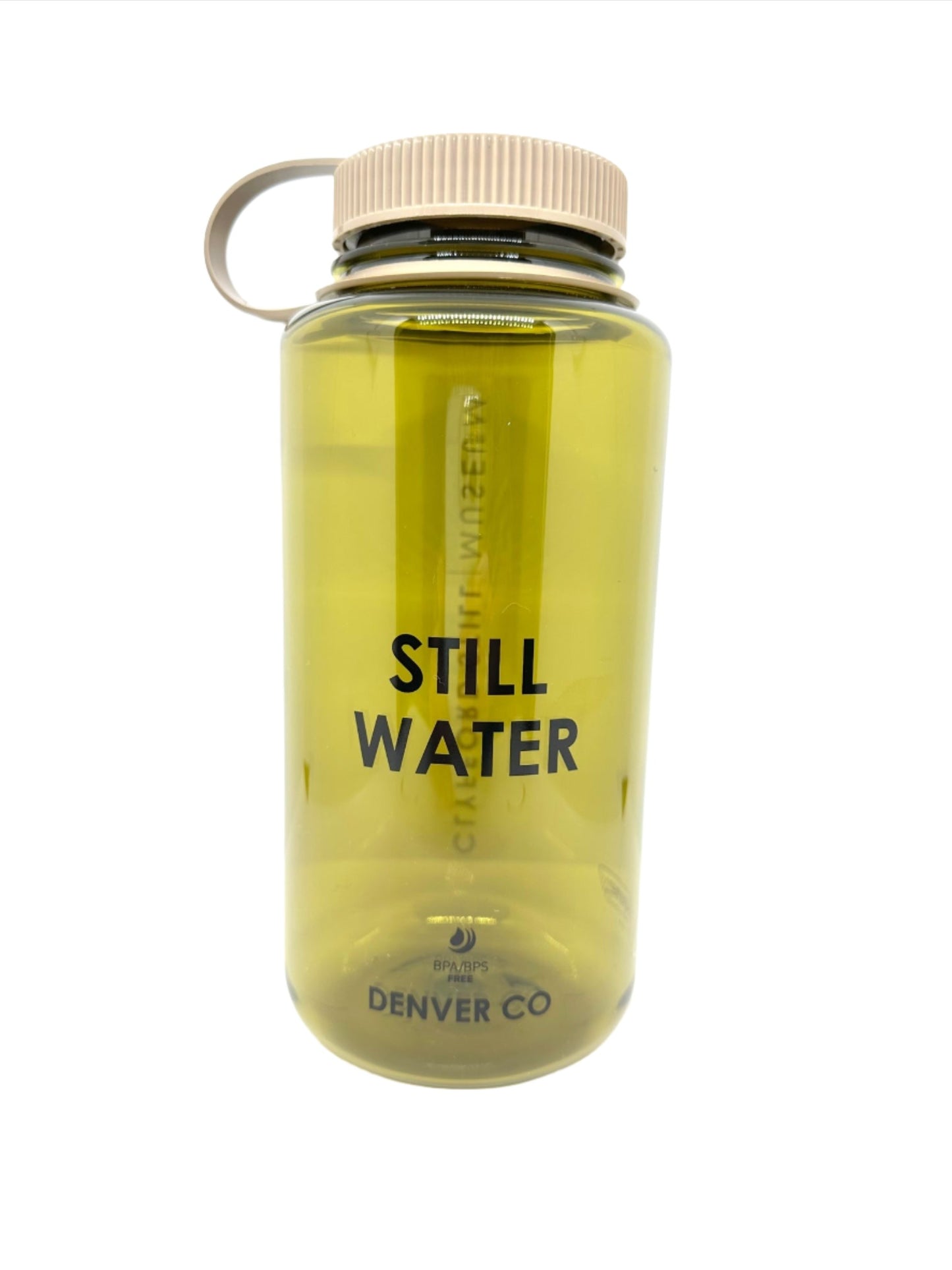 Olive Nalgene's classic 32oz wide-mouth water bottle with mocha cap and slogan “STILL WATER”.