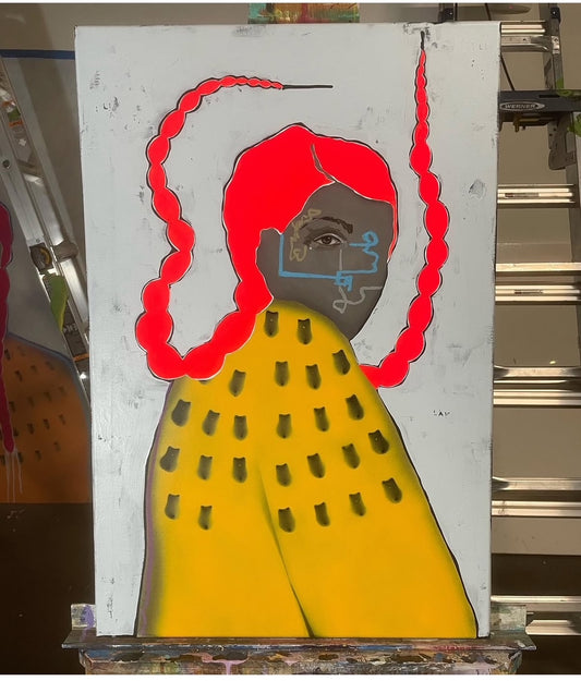 Notecard depiction of a person with red hair on a light background