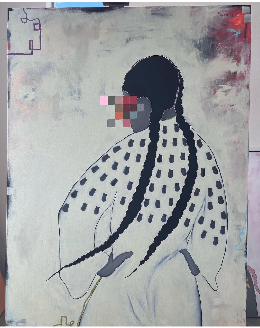 Notecard of a person with black hair on a textured background