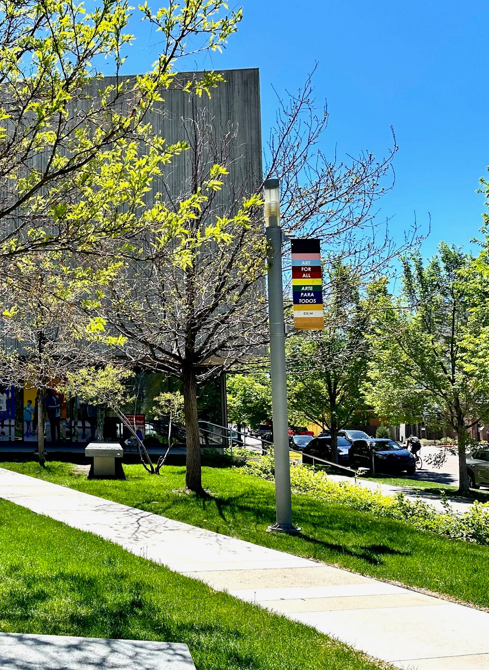 Street scene with a lamppost displaying rainbow flag that was repurposed into pouches