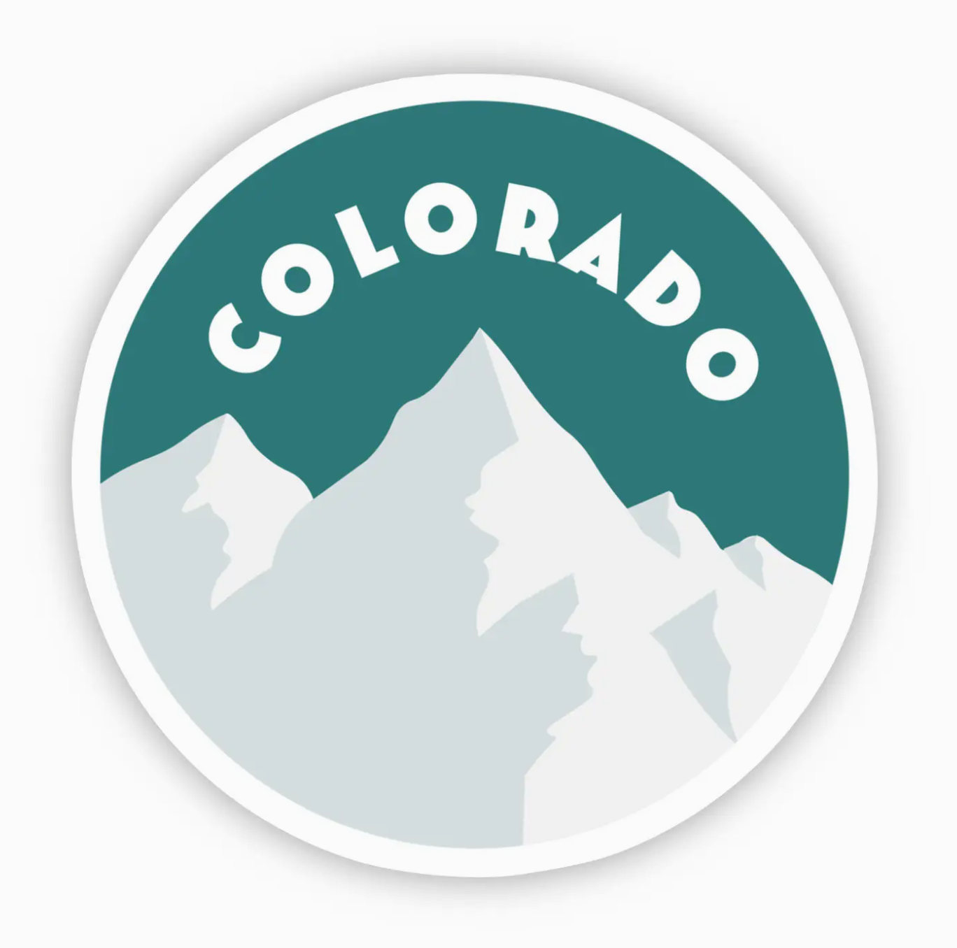 Circular sticker with 'Colorado' text and mountain silhouette on a green sky