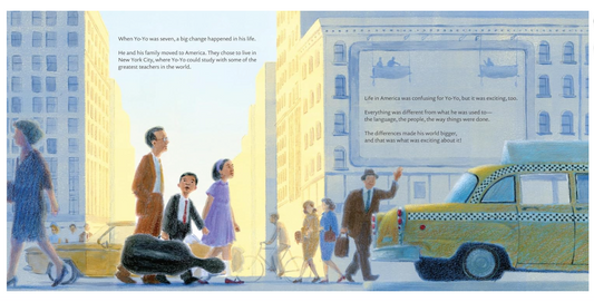 Illustrated book page with people on a city street and a taxi.