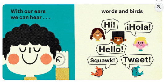Illustration of a child with ears and text about hearing words and birds.
