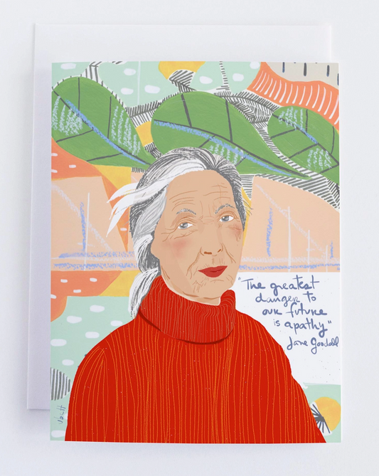 Card with illustration of an elderly woman wearing a red sweater against a colorful abstract background.
