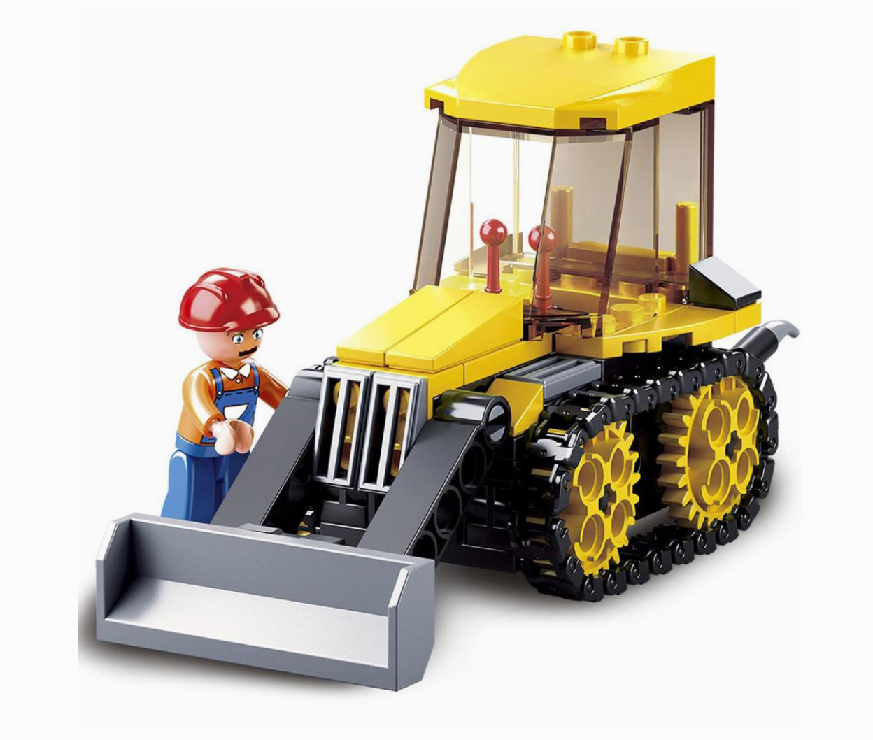 Toy bulldozer with a small figure of a construction worker on a white background
