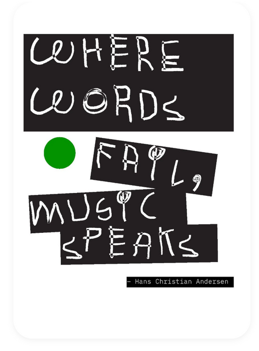 Book page with text 'Where Words Fail, Music Speaks' by Hans Christian Andersen on a white background.