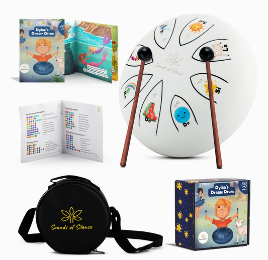 Children's drum set with educational materials and carrying case on a white background