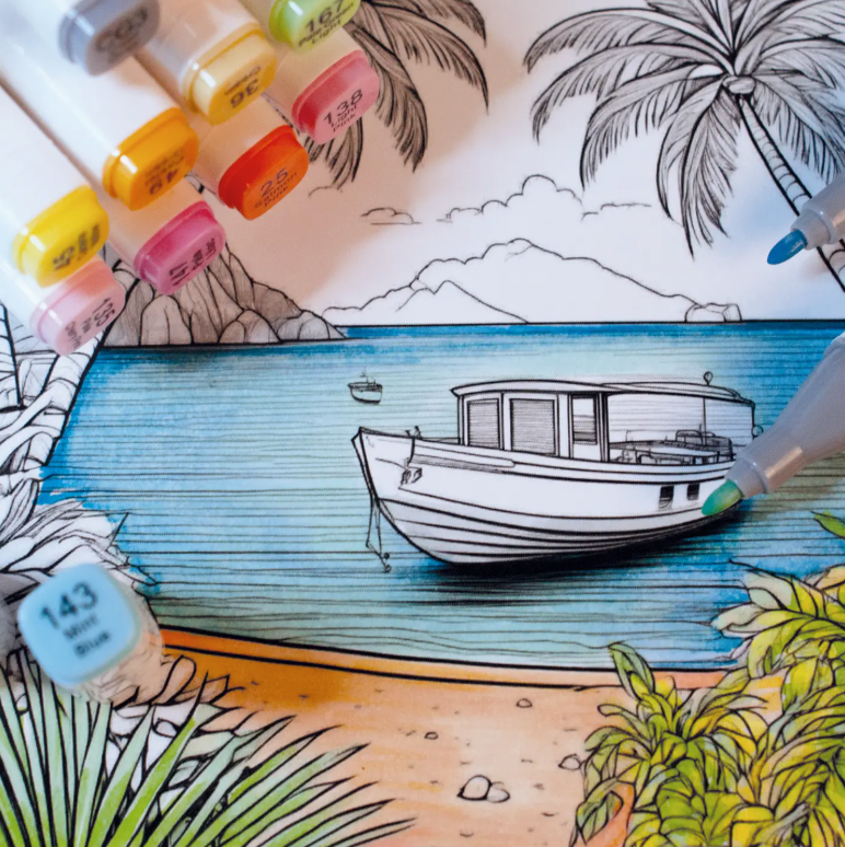 Coloring book page with a boat and palm trees, colored with markers.