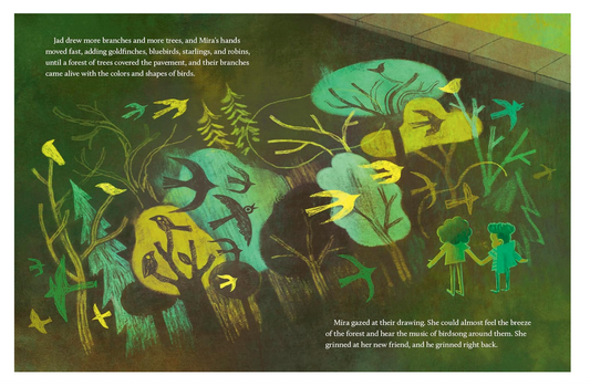 Illustration of a child drawing trees and animals with crayons on a dark surface.