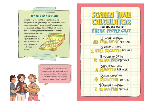 Book page with screen time calculator and related text on a white background