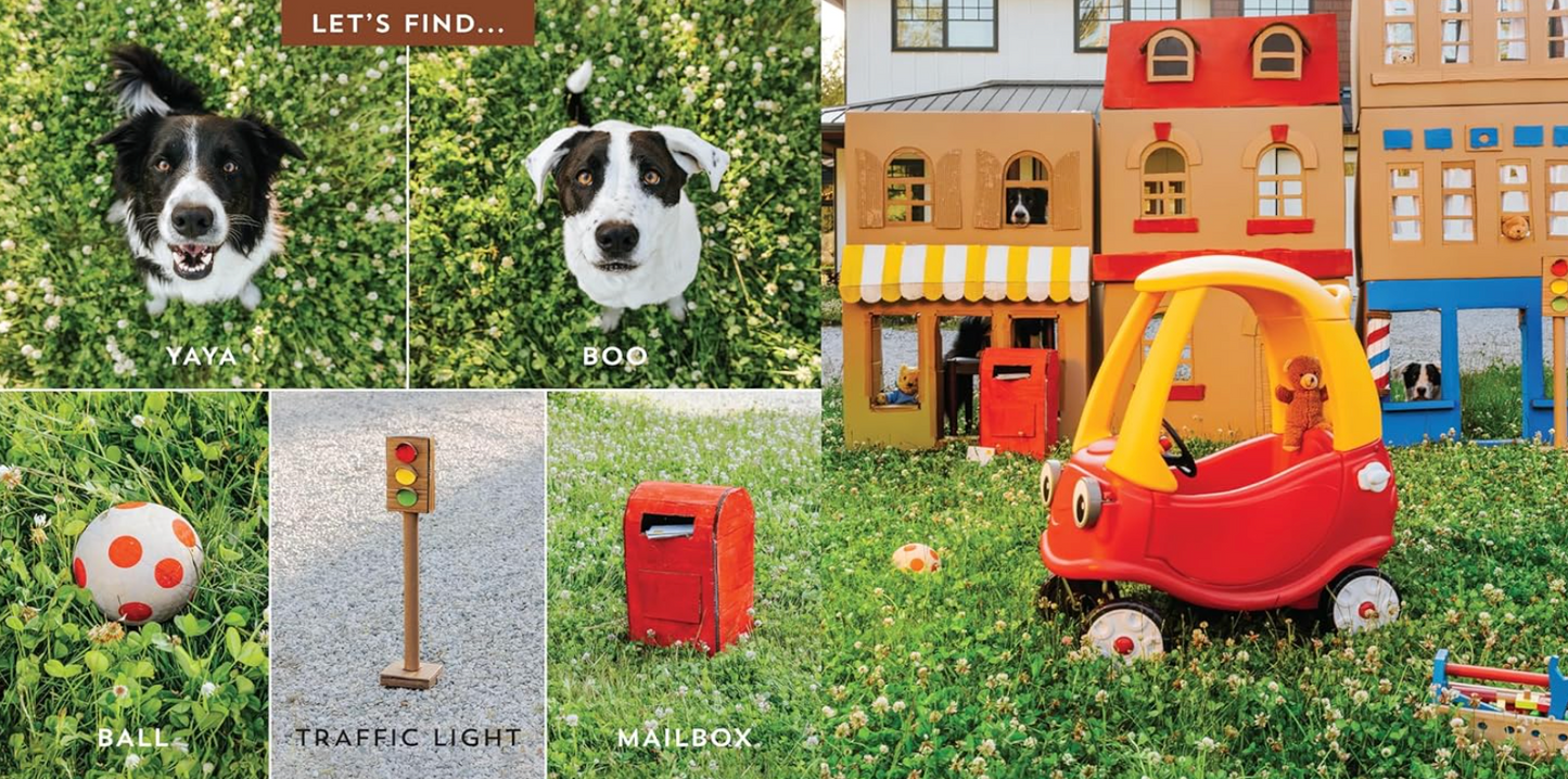 Collage of a dog, toy traffic light, mailbox, and toy car in a grassy area.