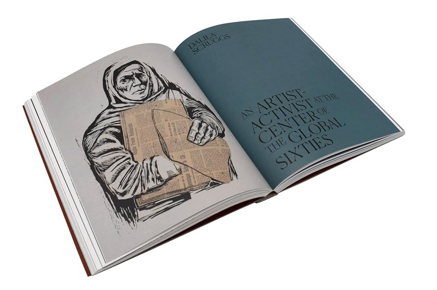 Open book with a black and white illustration of a person holding a newspaper on one page, and text on the other page.