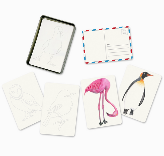 Set of cards with bird illustrations and a postcard on a white background