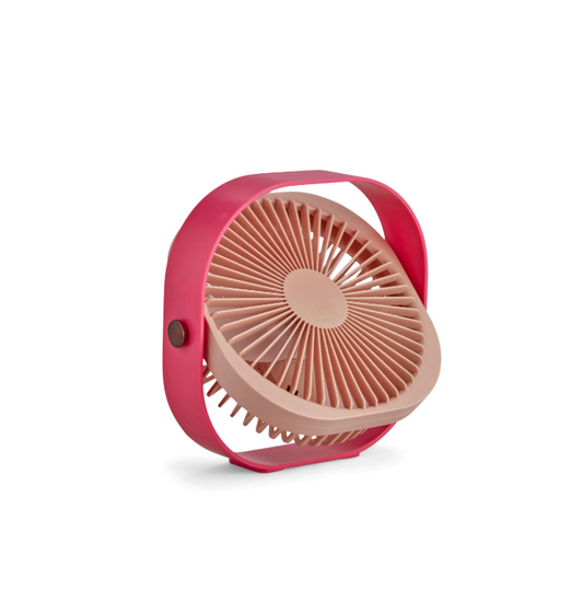 A portable mini fan with a pink outer frame and a beige inner grille, shown on a clean white background.