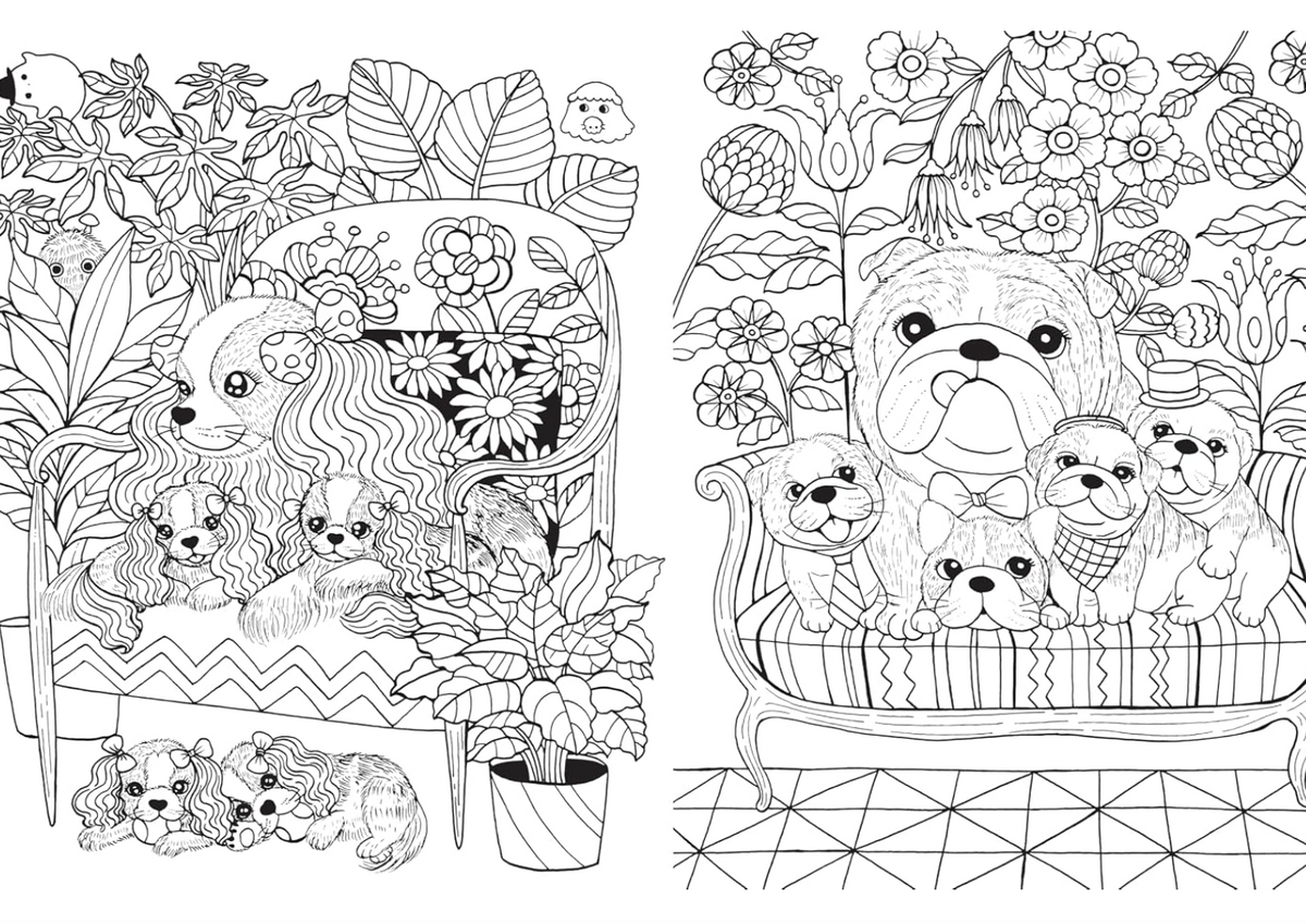 Black and white coloring pages featuring cute dog illustrations in a highly detailed, floral, and patterned style, showing dogs lounging on patterned armchairs surrounded by flowers and leaves.