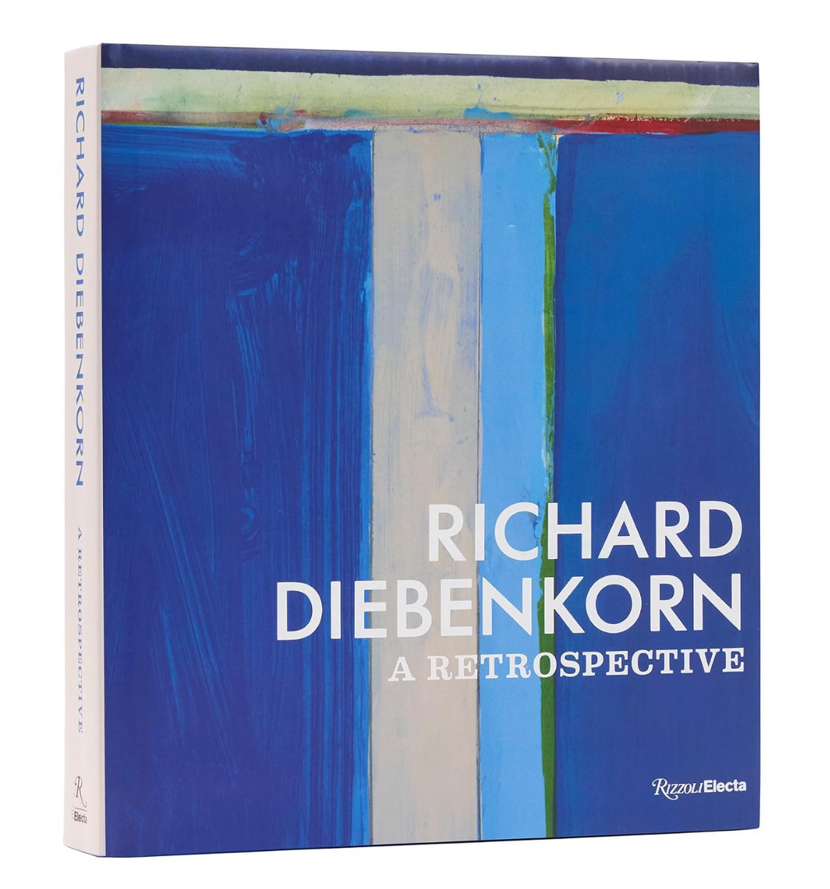 The book cover of 'Richard Diebenkorn: A Retrospective' by Regan & Electa, featuring an abstract painting with vertical blue, white, and light blue brushstrokes. The spine is visible on the left, and the title is printed in bold white text on the front cover.