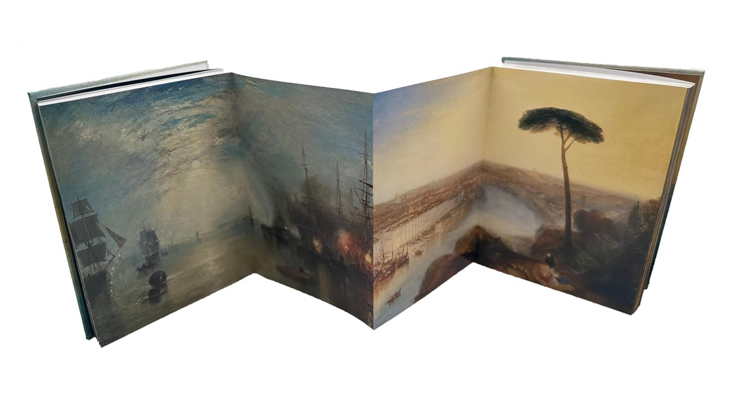 Open book with scenic illustrations on a white background