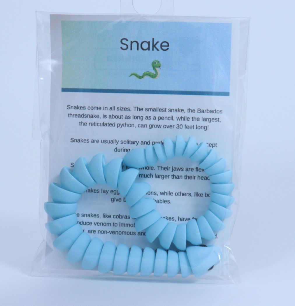 Packaged blue fidget toy snake with educational snake information on a white background
