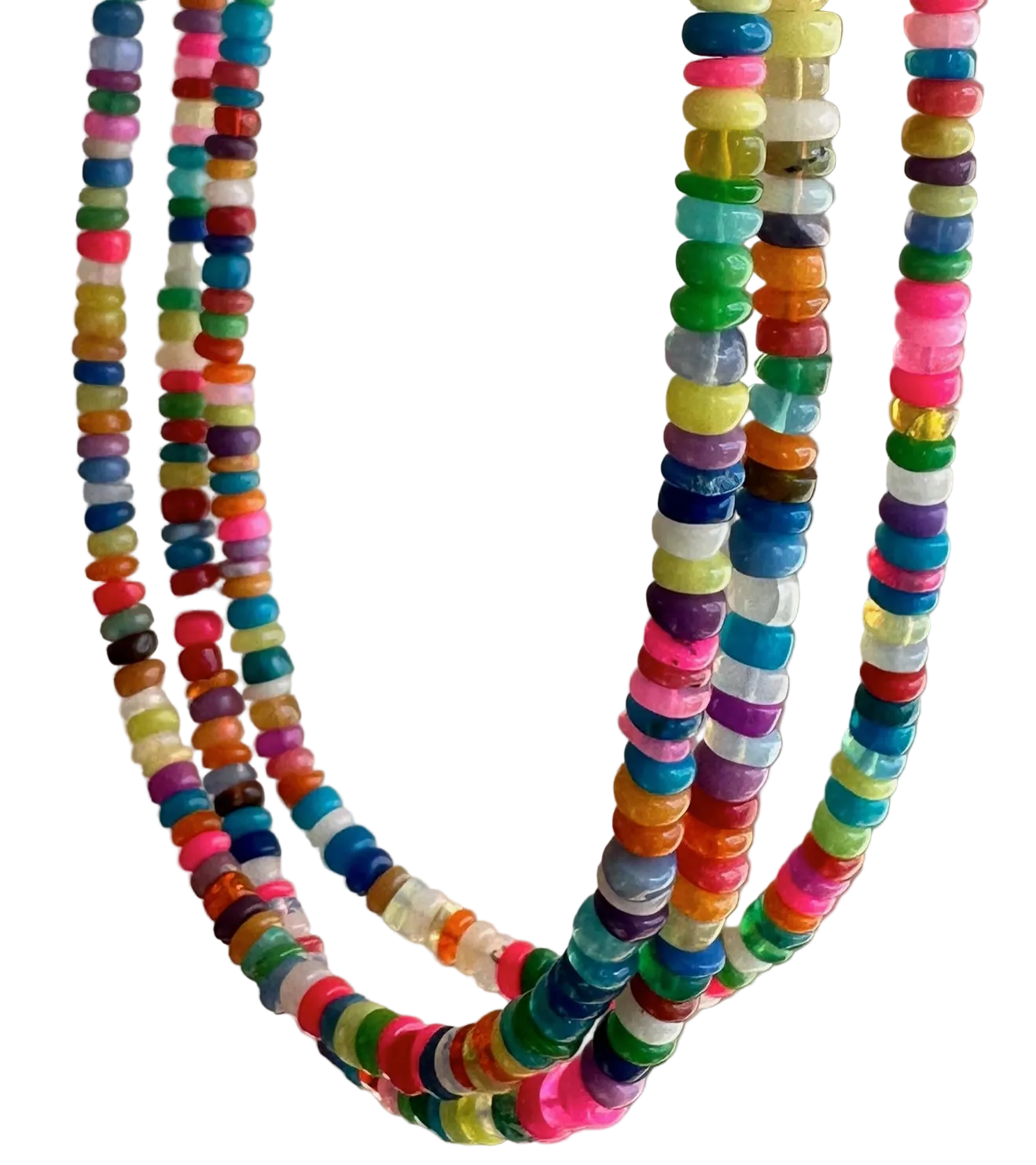 Colorful beaded necklaces on a plain background