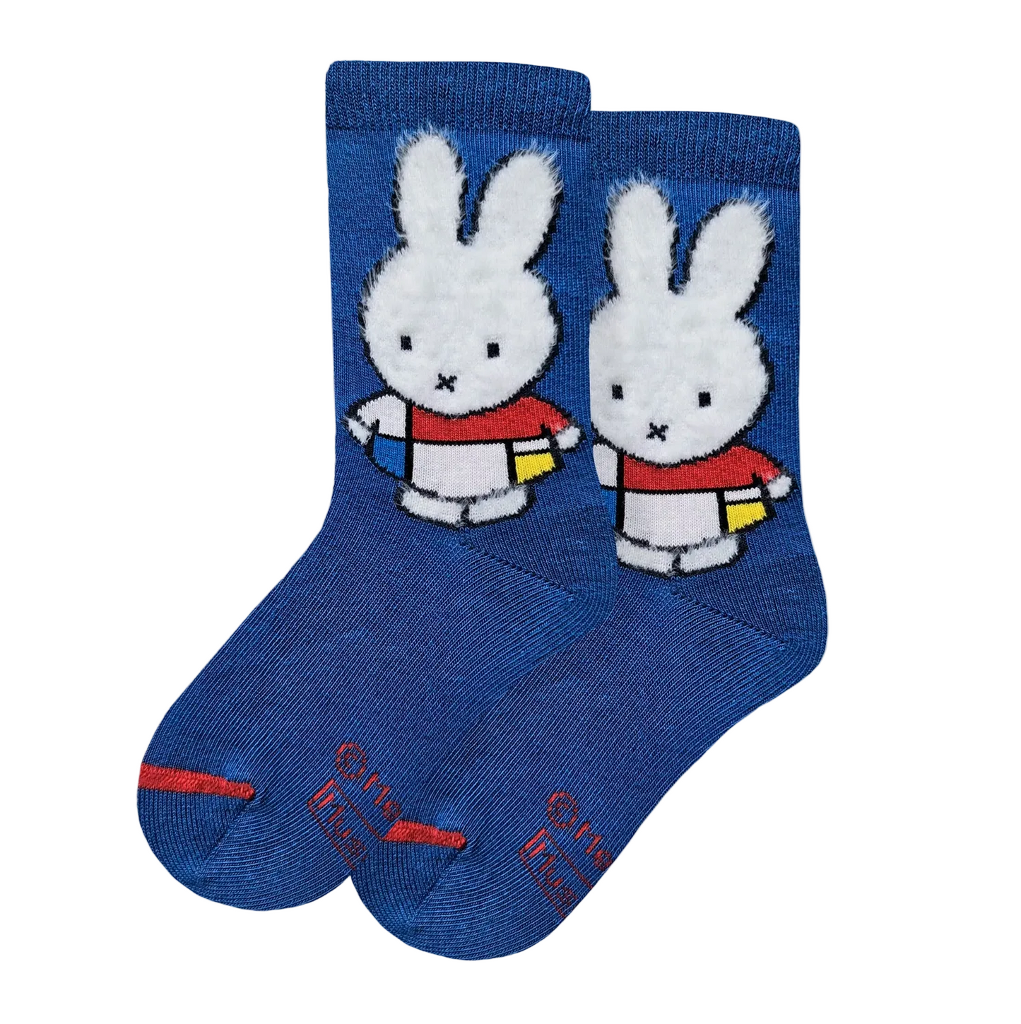 Blue socks with Miffy bunny design on a light gray background