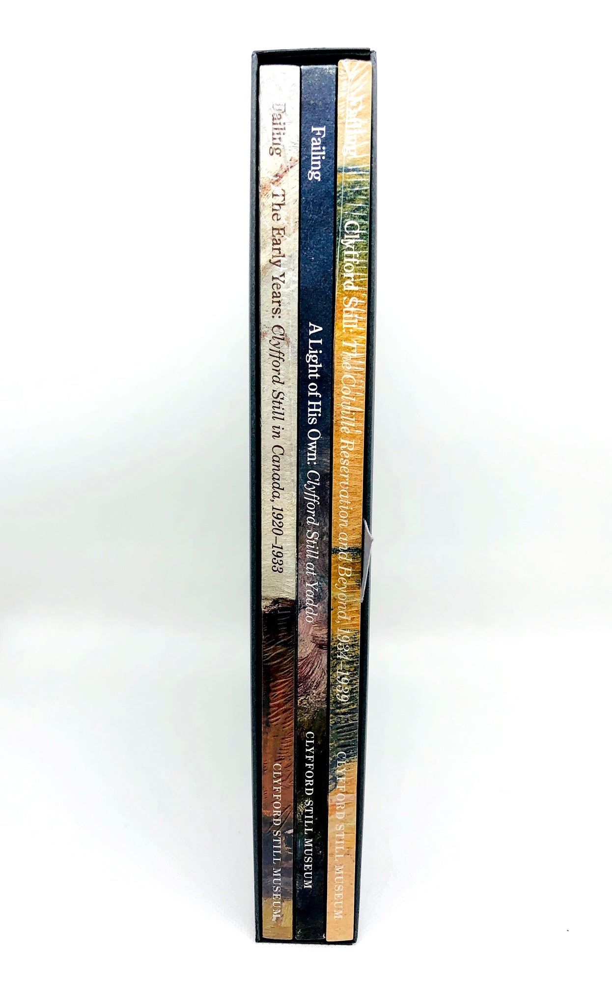 Spine of the ‘Clyfford Still, Early Works: 1920-1939 Gift Set’ showcasing ‘A Light of His Own, 1920-1933’, ‘The Colville Reservation and Beyond, 1934-1939’ and ‘The Early Years: Clyfford Still in Canada, 1920-1933’.