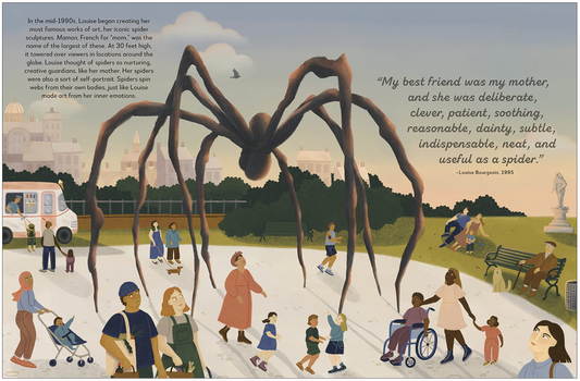 Inside page from ‘Louise Bourgeois: She Saw the World as a Textured Tapestry’ featuring a community and a giant spider.