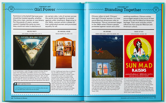 Page 208/ 209 from ‘ The Ultimate Art Museum’ featuring Feminist art and Chicanx art