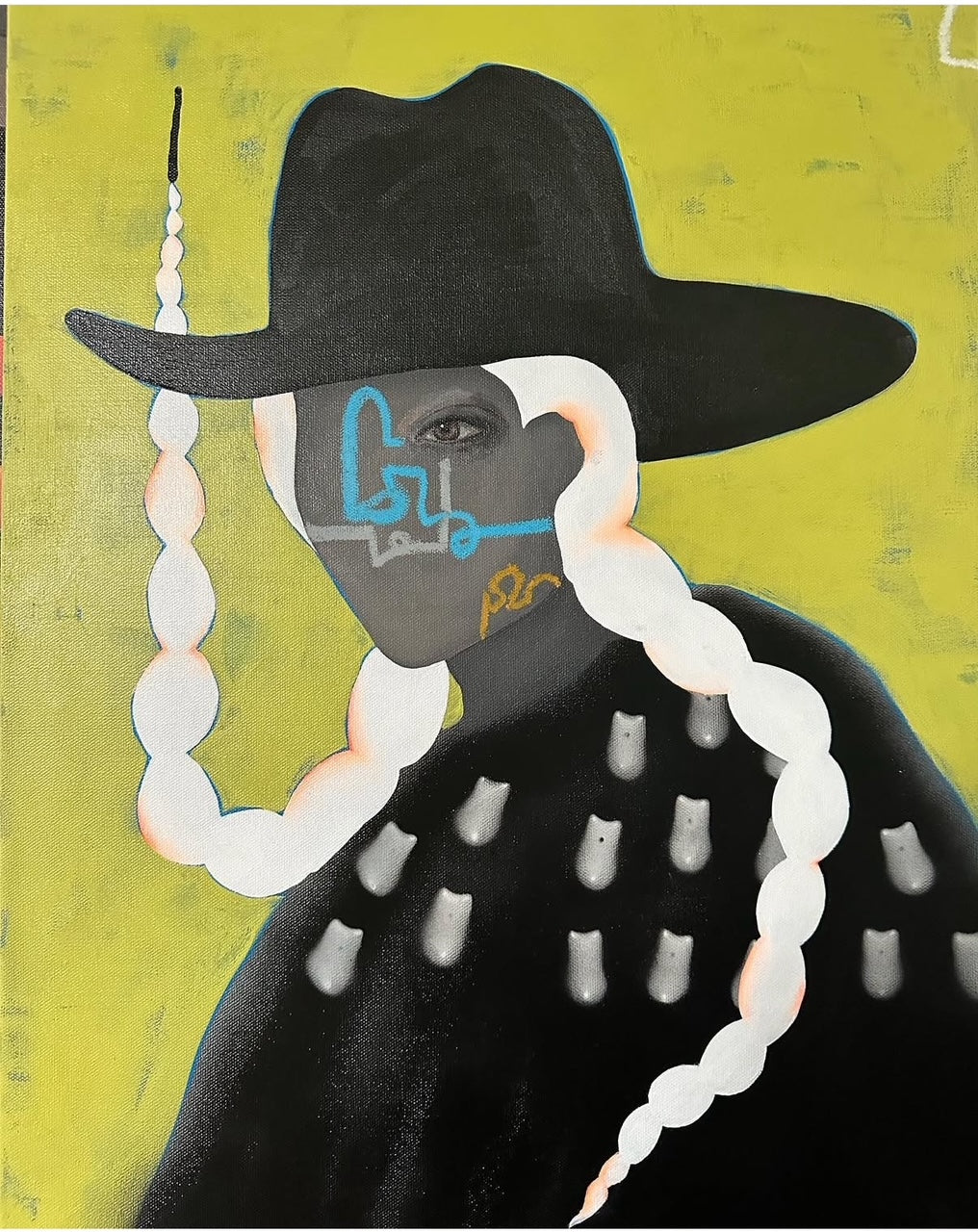 Notecard depicting a person wearing a black hat against a green background