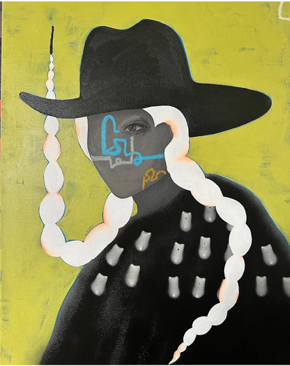 Notecard depicting a person wearing a black hat against a green background