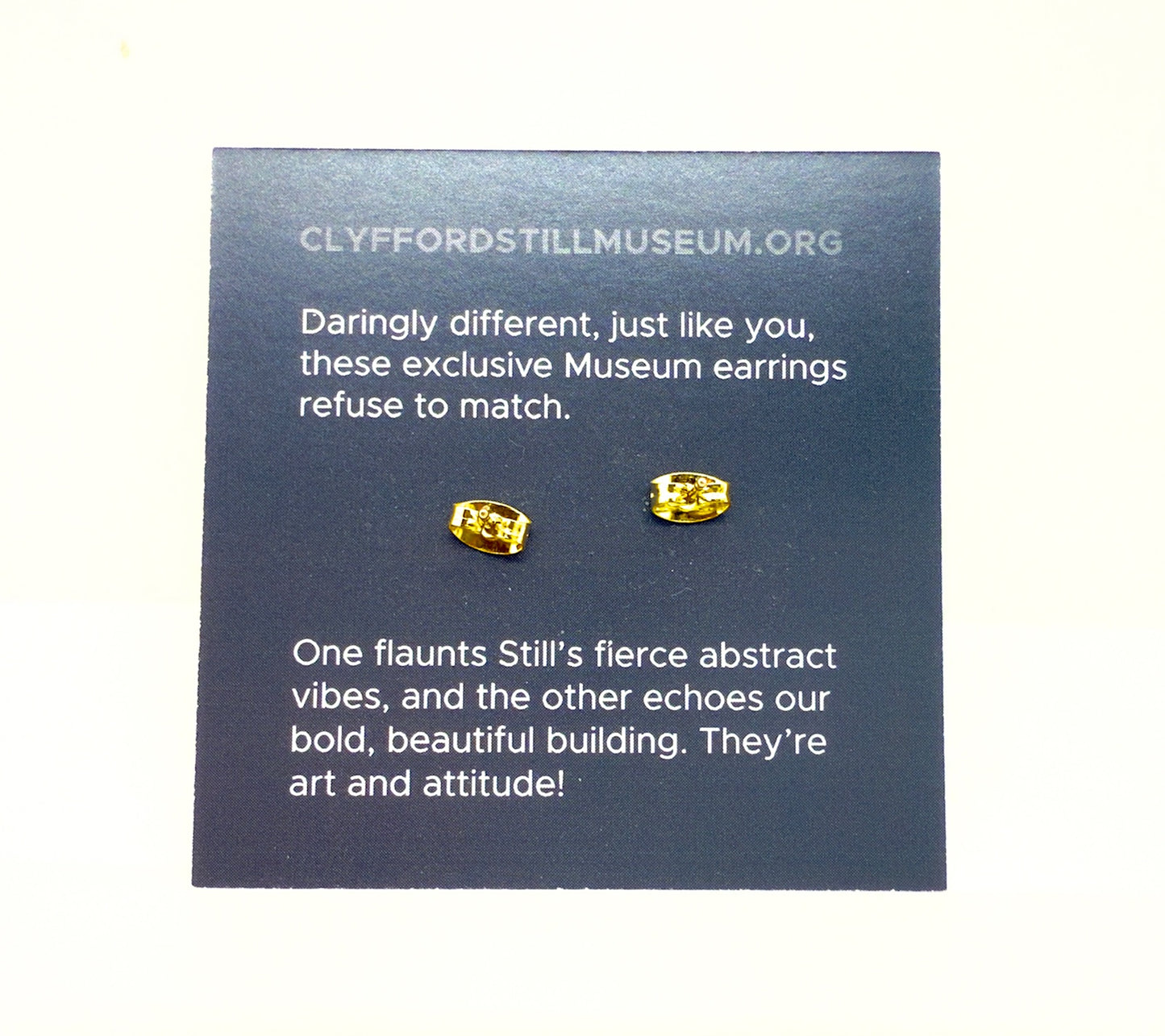 Enamel earrings of the Clyfford Still Museum building and a painting (back)