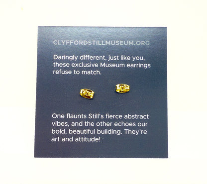 Enamel earrings of the Clyfford Still Museum building and a painting (back)
