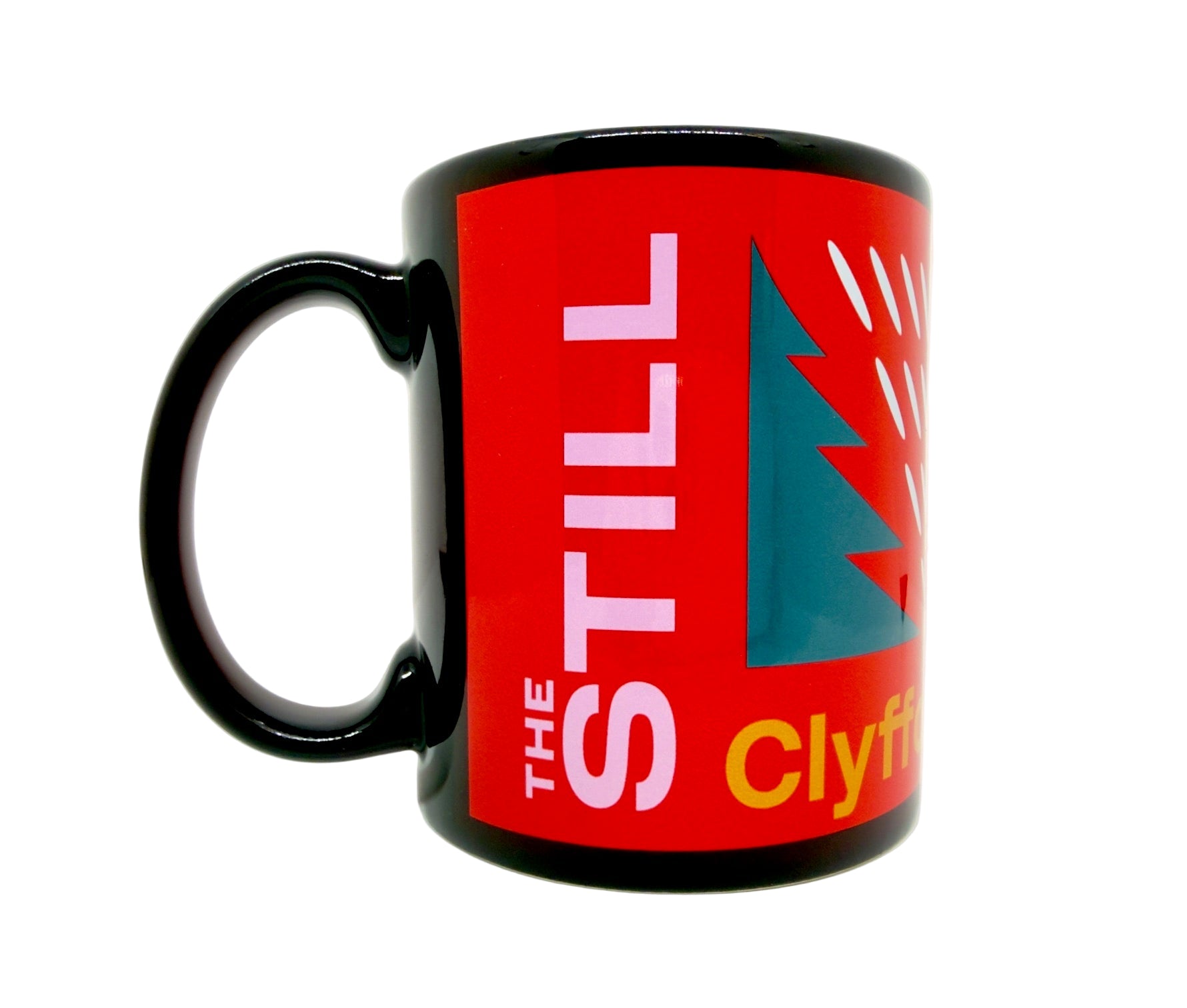 Black mug with red background featuring Museum logos, ceiling design and a tree on a white background.