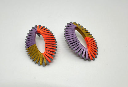 Image of Oval String Earrings/Purple, Tan and Bright Orange.