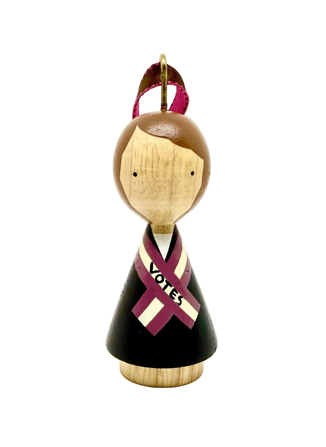 Wooden peg doll with a suffragette ribbon on a white background