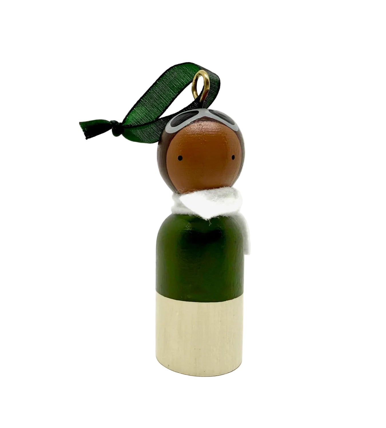 Wooden figurine with a green and beige base, wearing a green ribbon and white shirt on a white background.