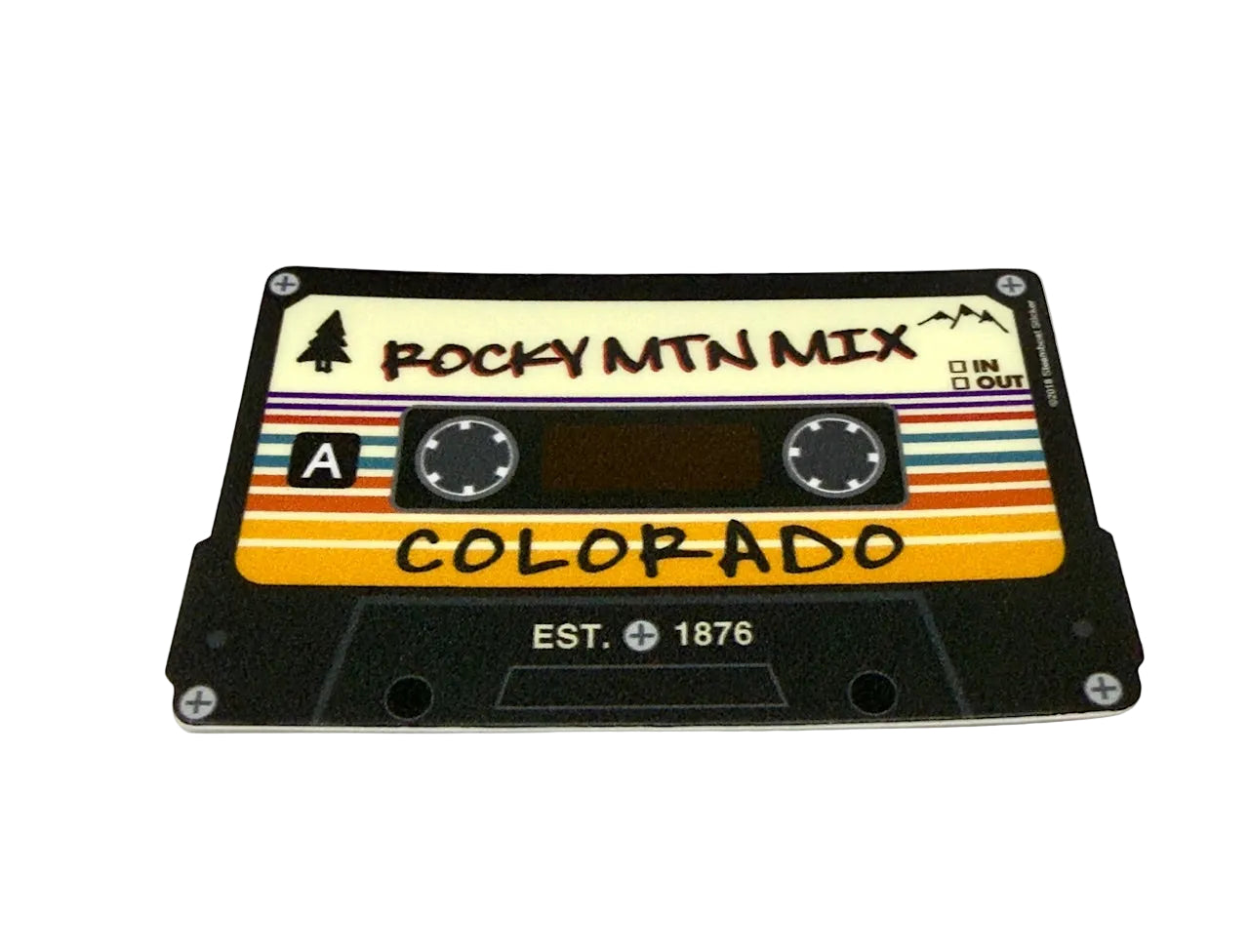 Cassette tape design sticker with 'Rocky MtN Mix Colorado' text on a white background