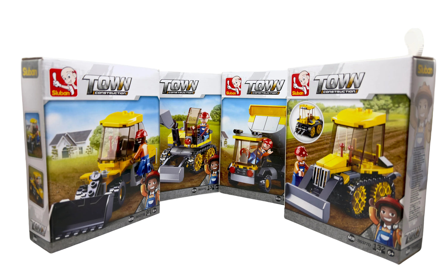 Toy tractor set packages with 'Town' branding on a white background