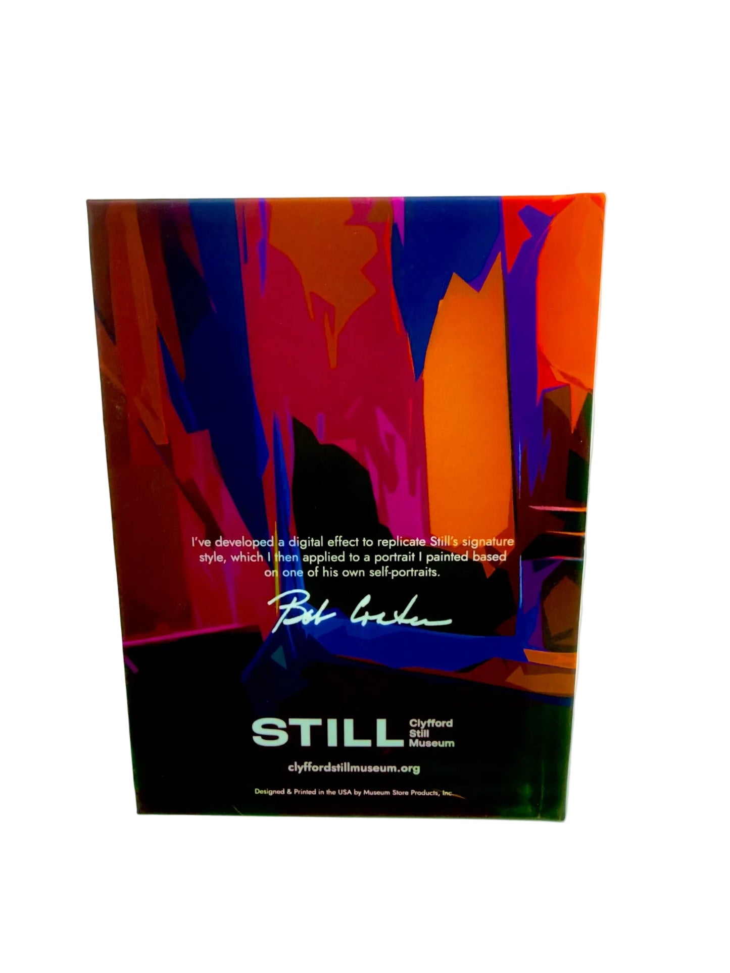 Colorful abstract back cover of smaller Journal with text and a signature on a white background