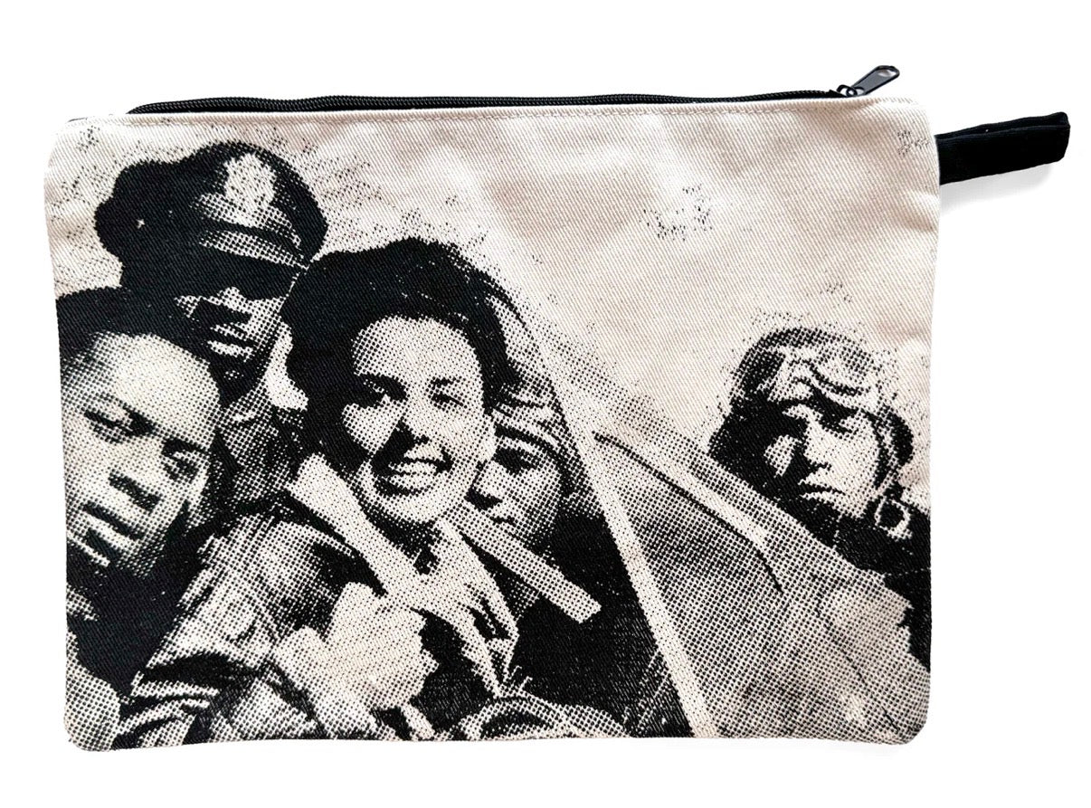 Pouch with black and white vintage-style portrait of a woman and three men on a white background