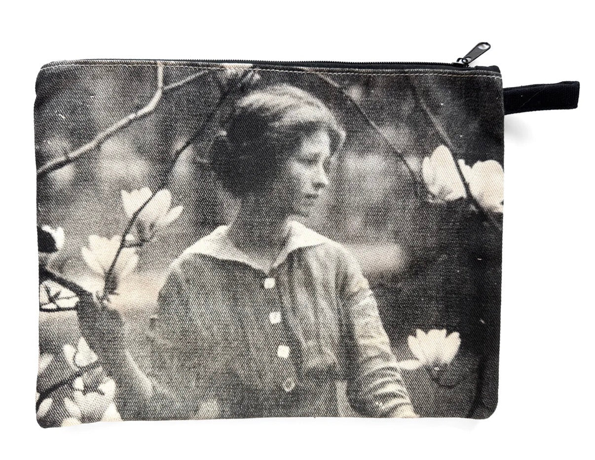 Pouch with a vintage-style print of a woman among flowers on a white background