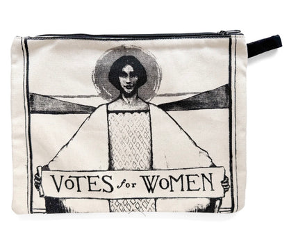 Pouch with a design of a woman holding a 'Votes for Women' sign on a white background