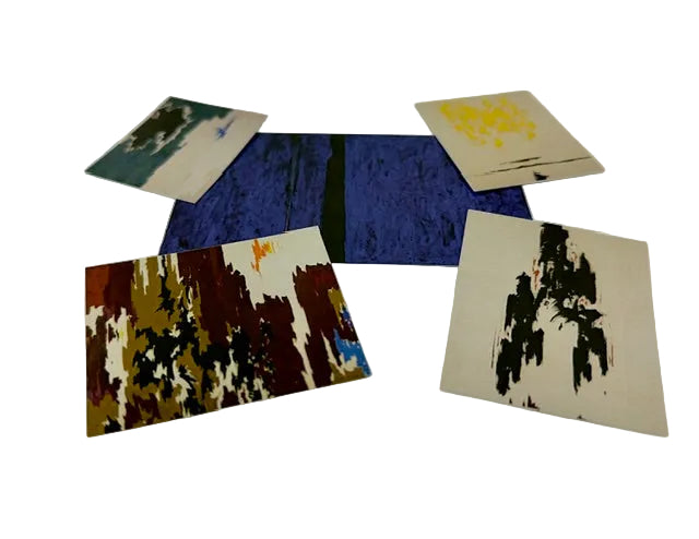 Five abstract Clyfford Still art stickers on a plain white surface, featuring various color palettes including blue, green, yellow, brown, black, and white.