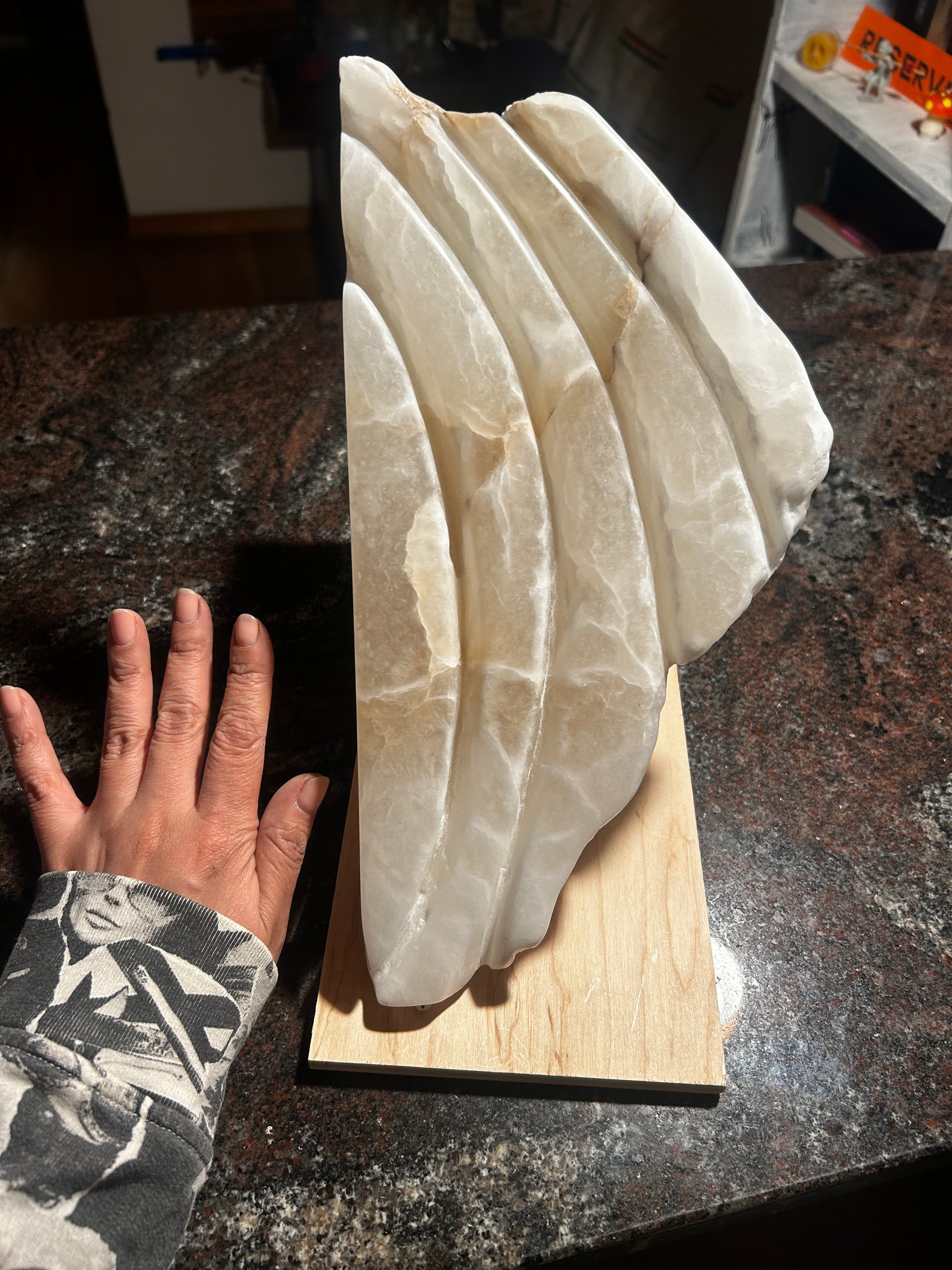 One large white stone slabs on a wooden board with a hand for scale on a dark countertop.