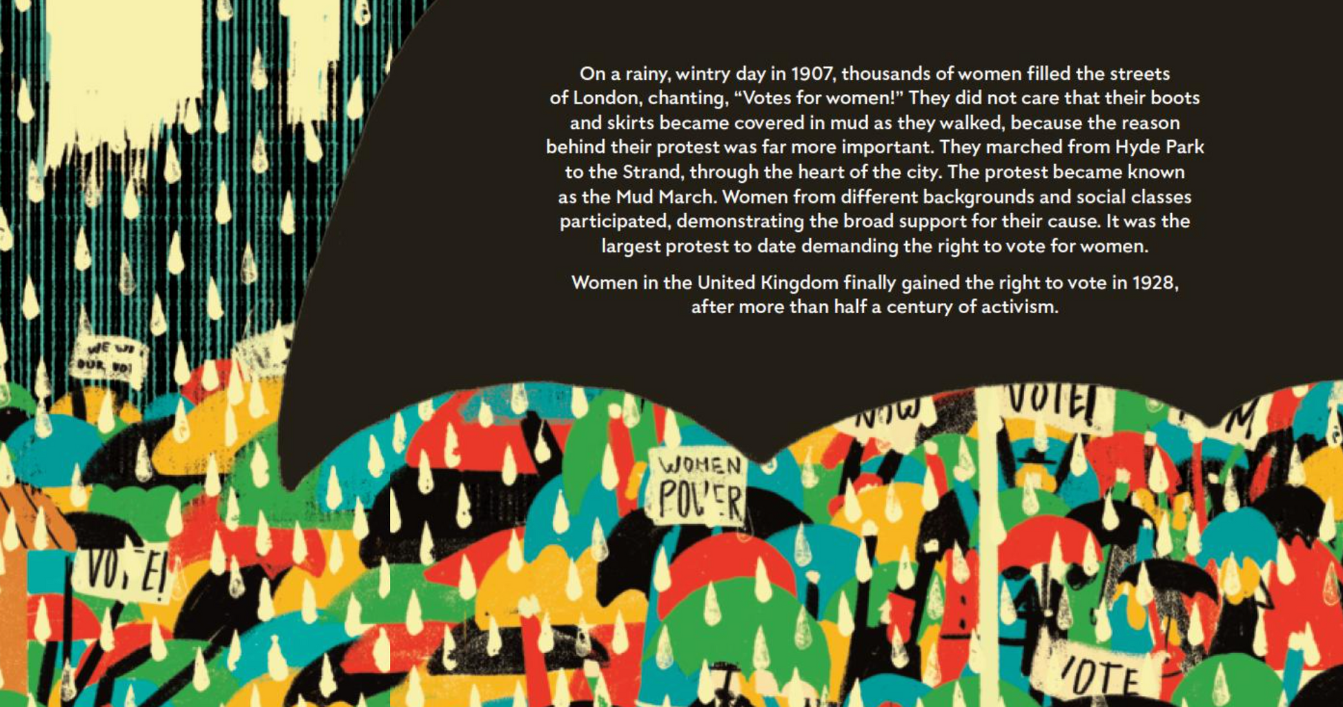 Inside page of”People Power: Peaceful Protests that Changed the World” with illustrations of a rainy protest and many colorful umbrellas