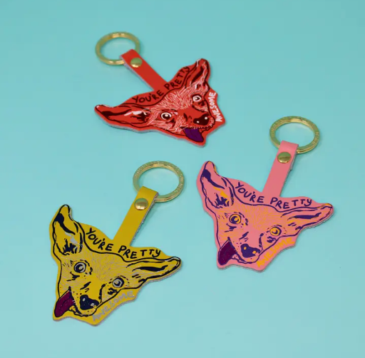 Three Chihuahua key fobs in neon colors made with genuine leather and completed with gold plated ring.