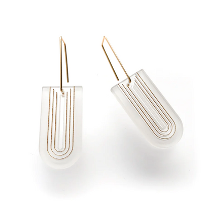 Ulla Earring - Matte finish acrylic earrings with metallic line work. Engraved lines on both front + back sides giving the pattern a 3D effect. Frost color is shiny on front, with matte backs.