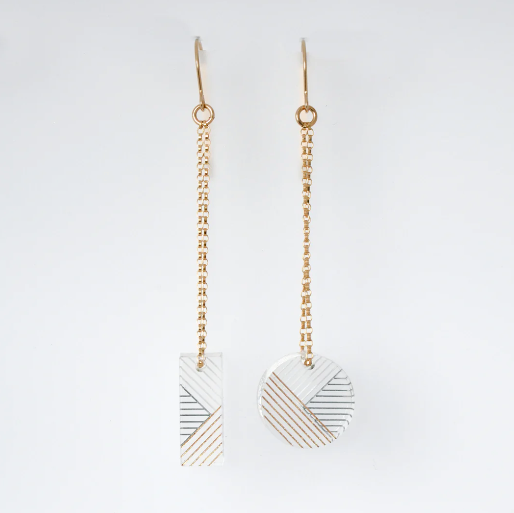 Osa/Oda Earrings (Mis-Matched Geometric Dangle) - one set. Transparent handpainted acrylic, dangling from gold-fill {g} or oxidized sterling silver {s} Rolo chain. Measure approximately .5” w x 3.5" l with chain.