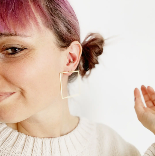 Image of Square Hoop Earrings on ear.