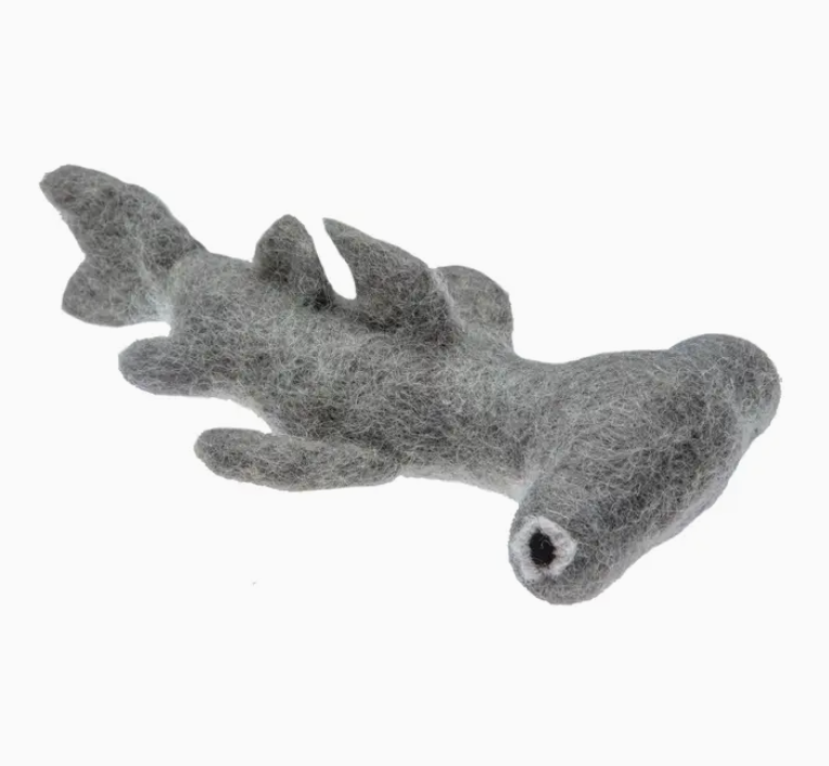 Gray shark-shaped toy on a white background