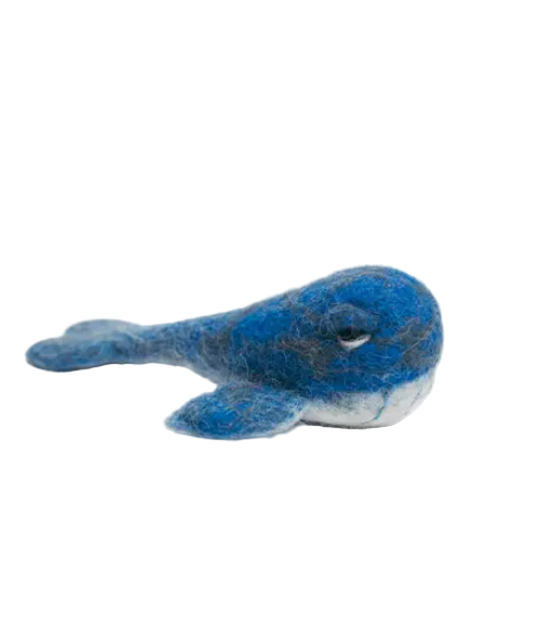 Blue and gray felted animal toy on a white background